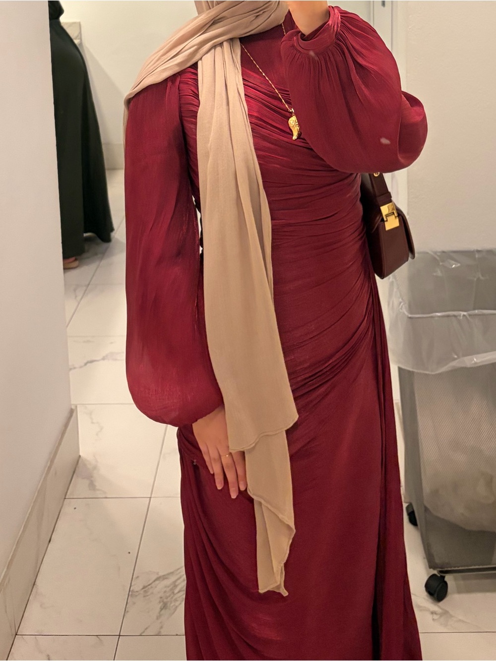 Elegant Burgundy Long-Sleeve Ruched Dress